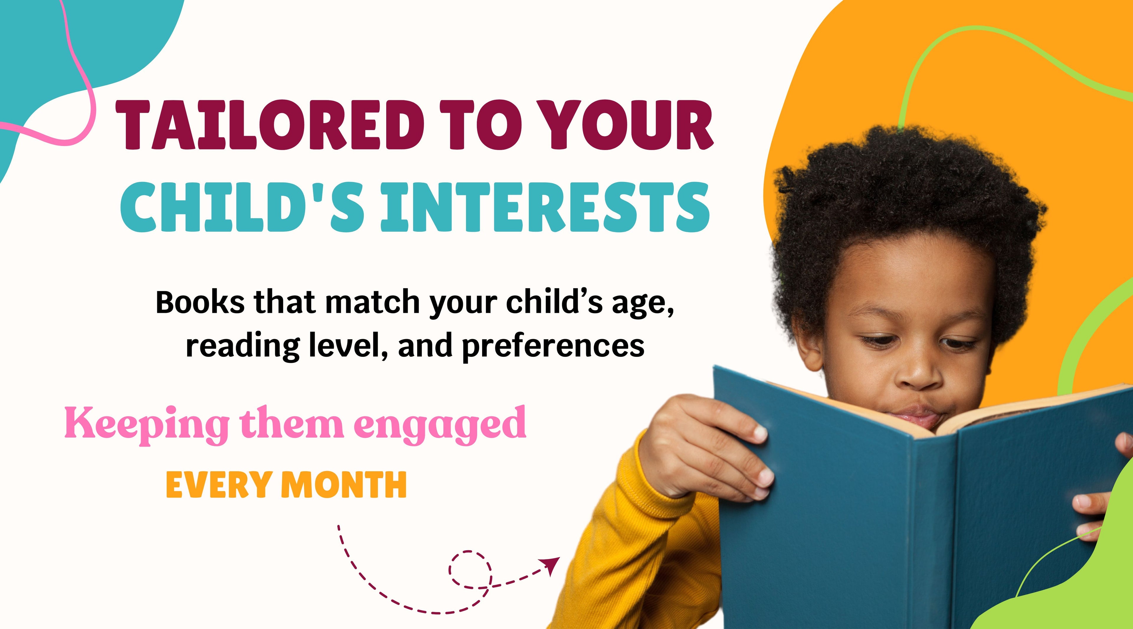 Child reading a book with promotional text about personalized book subscriptions on a colorful background